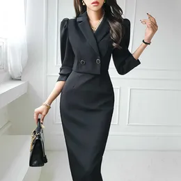 Celebrity a maniche lunghe 2023 Spring New Style Slim Fit Suit Collar Wrap Hip Professional Fashion Step Dress abiti neri