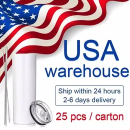 US CA Warehouse 20Oz Sublimation Mug Straight Tumblers Blanks White 304ステンレス鋼真空断熱スリムDIY 20オンスカップカーコーヒーマグ卸売