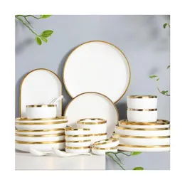 Zestawy zastawy stołowej złota obrzeża Białe porcelanowe płyty jedzenie zestaw obiadowy naczynia sałatka zupa miska ceramiczne miski luksusowe zastawa stołowa Del dhukd