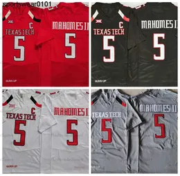 Mens NCAA Texas Tech #5 Patrick Mahomes II 대학 축구 유니폼 빈티지 대학 ED 셔츠 C 패치 블랙 레드 흰색 회색 S-XXXL