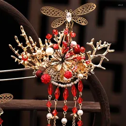 Hårklipp kinesisk bowknot brud Phoenix Crown Red Tassel Earring Hairpin Set Ladies Wedding Performance Costume smycken Tillbehör