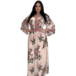 Ethnic Clothing Abaya For Women Summer Elegant Muslim Long Sleeve V-neck Light Pink Polyester Fashion Dress