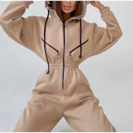 Women's Jumpsuits Rompers Winter Hoodie Jumpsuit Women Romper 2 Piece Set High Waist Long Sweatshirt Sweatpant Zipper Up Tracksuit Female Fall Clothing 230616