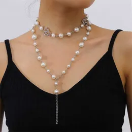 Strands Shixin Simulated Pearl Choker Hollow Crystal Heart Necklace for Women Long Tassel Necklaces on Neck 2020 Wedding Jewelry Fashion 230613