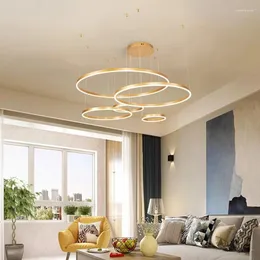 Lampadari Lampadario moderno minimalista a led Illuminazione domestica Anelli spazzolati Lampada a sospensione a soffitto Colore oro caffè