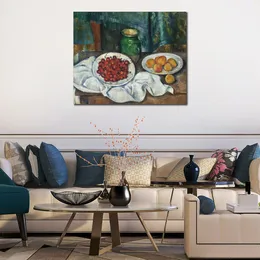 Handmålad impressionistisk dukkonst stilleben med körsbär och persikor Paul Cezanne målar modern restaurangdekor