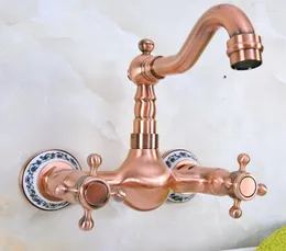 Bathroom Sink Faucets Wall Mounted Antique Red Copper Kitchen Faucet Vessel Mixer Tap Dual Handle Cold Water Tnf941