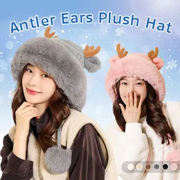 Berets Cute Plush Antler Ears Knitted Hat Ladies Winter Fur Ball Earmuffs Plus Velvet Warm Thick Windproof Festival Decorative