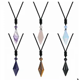 Pendant Necklaces Natural Crystal Quartz Hexagonal Cone Necklace For Women Men Double Point Faceted Cut Healing Stone Jewelry Drop D Dhxck