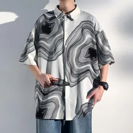 남자 캐주얼 셔츠 스트리트웨어 패션 3D 인쇄 느슨한 버튼 짧은 슬리브 한국 얼음 쿨 드롭 남자 4xl 5xl