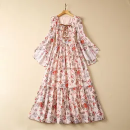2023 Summer Floral Print Lace Up Front Cotton Dress Long Sleeve Square Neck Paneled Long Maxi Casual Dresses S3L150525