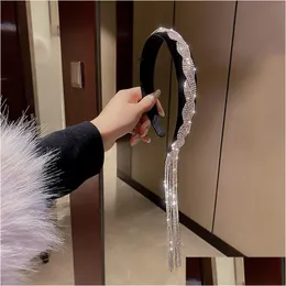 Hårgummiband 2021 Korea Style Long Tassel Asymmetry Rhinestone pannband för kvinnor Black Veet Hairclip Accessori Dhgarden Dhhuw