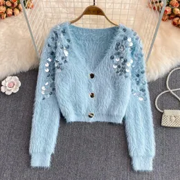 Kvinnors stickor Luxury Wool Mohair Sequined Sweater Coat Mink Cashmere Beaded Knitted Cardigan Gentle Autumn Winter Furry Knitwear Tops