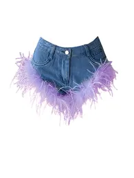 Kvinnors kvinnor denim hög midja breda shorts vintage haruku y2k koreansk stil blå lapptäcke fjäder mini jeans korta byxor sommar 230616
