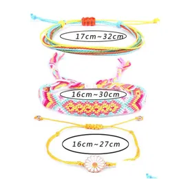 Charm Bracelets Daisy Flower Wax Line Braided Blue Color Bohemian Bracelet Set Rope Waterproof Marine Surf Drop Delivery Jewelry Dho6P