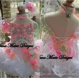 الوردي لطيف طفل لطف الفتيات Glitz Pageant Dresses Beads Crystals Flowers Feather Organza Flower Girl Dresses Cupcake Dresses Ba4804