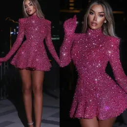 Glamorous Prom Dresses High Neck Long Sleeves Shining Sequined Short Dress Ruched High Waist Zipper No Gloves Custom Made Plus Size Party Dress Vestido De Noite