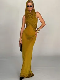 Vestidos sexy urbanos transparentes com capuz, sem mangas, sem costas, magro, longo, feminino, 2023, elegante, elegante, maxi, vestido 230617