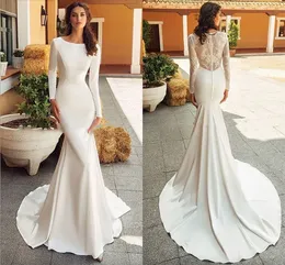 Suknia ślubna syreny 2023 Satynowe długi rękaw Vestido de Noiva Lace Bride sukienki z romantycznymi guzikami