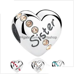 Silver Solid 925 Sterling Sier Rhinestone Love Heart Beads Mom Daughter Sister Hearts Charm For Diy Jewelry Accessories Drop Delivery Dhvkr