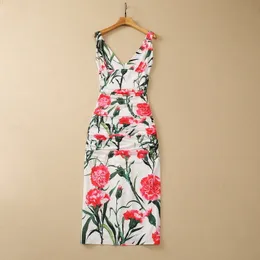 2023 Summer Carnation Print Ruched Paneled Dress Sleeveless V-Neck Floral Split Midi 캐주얼 드레스 S3L150615
