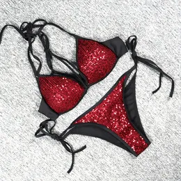 Kvinnors badkläder sexig bakre röda paljett split hög midja två bit baddräkt trepunkts bikini set baddräkt 230616