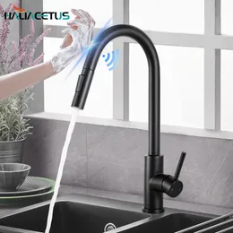 Rubinetti per lavabo da bagno Cucina Smart Sensor PullOut e interruttore per acqua fredda Miscelatore Touch Spray Black Crane 230616