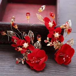 Haarspangen, 1 Stück, für Damen und Mädchen, Pin-Zubehör, rote Blume, Blatt, Kristall, Brautclip, Haarnadel, Tiara, Kopfschmuck, Kopfschmuck