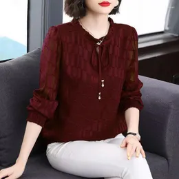 Women's Blouses Wine Red Lace Chiffon Shirt Spring Summer Fashion Blouse 2023 Long Sleeve Round Neck Korean Style Elegant Casual For Women