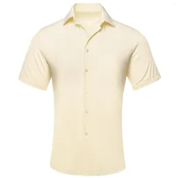 Camisas Casuais Masculinas Hi-Tie Bege Amarelo Mangas Curtas Jacquard Masculino Seda Sólida Primavera Verão Havaí Camisa Micro Elástica Blusa Para Presente Masculino