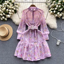 Casual Dresses Runway Floral Print Ruffles Midi Dress Women Stand Single Breasted Long Lantern Sleeve Lace Trims Belt Vintage Party Vestidos 2023