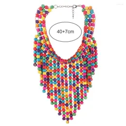 Chains Attractive Women Necklace Sturdy Handmade Dress Up Boho Multicolor Tassel Wood Beaded Bib