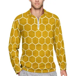 Men's Polos Geometry Print Polo Shirts Autumn Yellow Hexagon Zipper Casual Shirt Long Sleeve Turn Down Collar Y2K Graphic Oversize T-Shirts 230617