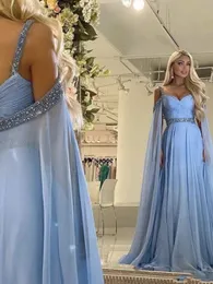 Sky Mavi Uzun Akşam Cape Kollu Şifon Bohemian Prom Elbiseler Spagetti kayışları 2023 Sırtsız Seksi Tweetheart Boyun Bir Line Party Gowns Novo Em Vestidos