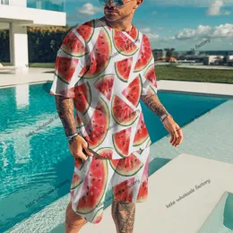 Herrspårsfall Casual Beach Tees 3D Fruit Watermelon Printed Summer Men Set 2 Piece Set T-Shirt Shorts Tracksuit Custom Hip Hop Sportwear Suit 230617