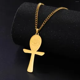 Colares com Pingente LIKGREAT Flor de Lótus Cruz Mitologia Ankh Colar de Aço Inoxidável Amuleto Egípcio Jóias