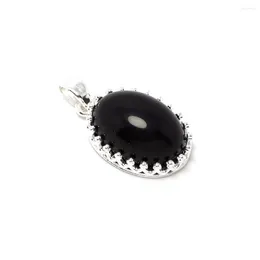 Charms Crown Necklace Pendant Black Agate Cabochon Stone Inlaid Silver Plated Brass Vintage Fynd Oval Charm Accessoarer med spänne