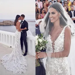 Steven Khalil Boho Beach Wedding Dress 2021 Sexig backless sjöjungfru brudklänningar V-ringning 3D spetsarapplikationer rem trumpet trädgård brud295s