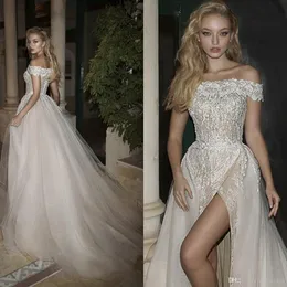 Abiti da sposa con spalle scoperte A Line con applicazioni in pizzo Abiti da sposa con spacco laterale in tulle Dany Mizrachi Sweep Train Abito da sposa vest259h