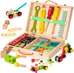 Verktyg Workshop Kids Wood Toolbox låtsas Play Set Education Montessori Toys Nut Demontering Skruvmontering Simulering Reparation Carpenter Tool 230617