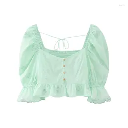 Serbatoi da donna Ragazze Cute Mint Green Puff Sleeve Short Shirt 2023 Summer Woman Dolce Ricamo Scava Fuori Camicie Slim Elastic Crop Tops