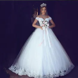 Elegant A-Line Floor Length Wedding Dresses Off Shoulder Lace Appliques White Ivory Cheap Bridal Gowns Bride Plus Size Long Weddin303h