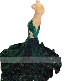 Siyah kızlar için ışıltılı yeşil payetler denizkızı balo elbiseleri kristal rhinestone tren partisi elbisesi cüppeleri de bal