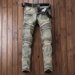 Dedicado à nostálgica linha de bordado enrugada para motocicletas, jeans modernos personalizados e versáteis para homens