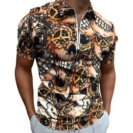 Men's Polos Funky Steampunk Skull Polo Shirts Men Halloween Print Casual Shirt Summer Y2K Zipper T-Shirts Short-Sleeve Custom Oversized Tops 230617