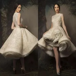 Krikor Jabotian High Low Tea Leagth Bride Dreess Jewel Neck Lace Sequins Short Party Wedding Dress Bridal Gowns234U