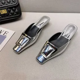 Slippers Silver Comfort Muller Loafers 2023 Summer New Sandals Half Slipper for Women Outer Wear Mid Heel Elegant Party Dress 230511