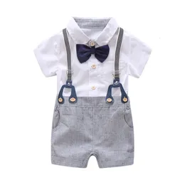 Clothing Sets born Baby Boy Summer Formal Clothes Set Bow Wedding Birthday Boys Overall Suit White Romper Shirt Toddler Gentleman Outfit 230617