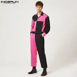 Мужские спортивные костюмы Incerun 2023 Мужские наборы наборы лоскут для лацка с длинным рукавом рубашка с прямыми брюками 2 шт.