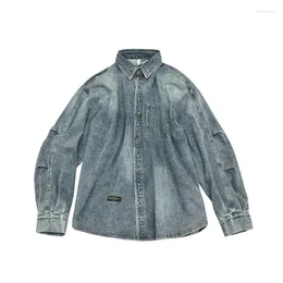 Camicie casual da uomo 2023 manica a pieghe lavata camicia con risvolto in denim retrò primavera autunno streetwear moda uomo top Camisas De Hombre